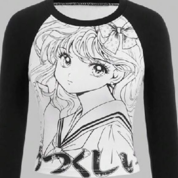 NWT Anime & Letter Print  Raglan Sleeve Top - Picture 5 of 8